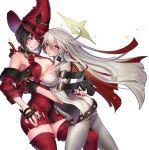  2girls :q ass belt black_hair blonde_hair blue_eyes breast_press breasts cleavage gloves guilty_gear halo heterochromia i-no jack-o_(guilty_gear) large_breasts long_hair multicolored_hair multiple_girls oro_(sumakaita) red_background red_eyes red_legwear redhead short_hair simple_background symmetrical_docking thigh-highs thighs tongue tongue_out 