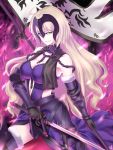  1girl bare_shoulders blonde_hair breasts chain cleavage fate/grand_order fate_(series) flag fur_trim gauntlets headpiece highres jeanne_alter large_breasts ruler_(fate/apocrypha) ruler_(fate/grand_order) sword weapon xiao_signo028 yellow_eyes 