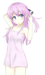  1girl blue_eyes blush hair_dryer long_hair mouth_hold naked_towel nepgear neptune_(series) purple_hair rafu_(surukusya) smile solo towel 