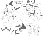  1girl :o bare_shoulders breasts character_sheet choker cleavage commentary_request crown detail dress elbow_gloves gloves greyscale hand_on_hip horns kantai_collection long_hair looking_away monochrome multicolored_hair original shinkaisei-kan streaked_hair torichamaru translation_request 
