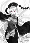 1girl bangs breasts chinese_clothes crescent dress hat highres junko_(touhou) large_breasts long_hair long_sleeves looking_at_viewer monochrome pointy_ears raptor7 red_eyes ribbon sash side_slit solo spot_color tabard touhou very_long_hair wide_sleeves 