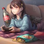  1girl animal animal_on_back bangs black_cat blanket book bottle brand_name_imitation brown_hair cat chips closed_mouth coca-cola controller cushion drawstring drink frown game_controller gamepad hair_between_eyes hair_ornament hairclip highres holding hood hood_down hoodie indoors kotikomori long_hair long_sleeves lying messy_room on_stomach original playing_games potato_chips red_eyes shade snack solo star_hair_ornament swept_bangs 