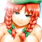  1girl aqua_eyes braid breasts cleavage collarbone commentary_request half-closed_eyes hat hong_meiling large_breasts long_hair looking_at_viewer out-of-frame_censoring portrait redhead shirosato smile solo star topless touhou twin_braids upper_body 