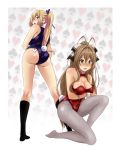  2girls amagi_brilliant_park antenna_hair ass bare_shoulders blonde_hair blush breasts brown_eyes brown_hair bunny_tail bunnysuit card cleavage company_connection crossover fishnet_pantyhose fishnets hair_ribbon highres kawakami_mai kneeling kyoto_animation long_hair mole mole_under_eye multiple_girls musaigen_no_phantom_world no_shoes one_eye_closed pantyhose ribbon sbel02 sento_isuzu side_ponytail tail violet_eyes 