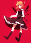  1girl black_legwear black_skirt blonde_hair fang full_body hair_ribbon highres kneehighs lifted_by_self long_sleeves looking_at_viewer open_mouth red_background red_eyes red_ribbon ribbon rumia sh_(562835932) shoes short_hair skirt skirt_lift skirt_set smile solo touhou vest 