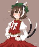  1girl animal_ears brown_eyes brown_hair cat_ears cat_tail chen earrings egret hat highres jewelry long_sleeves mob_cap multiple_tails nekomata puffy_long_sleeves puffy_sleeves short_hair simple_background single_earring solo tail touhou 