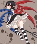  1girl black_hair blush dress egret fang frilled_dress frills from_behind highres houjuu_nue looking_back open-back_dress open_mouth petticoat pointy_ears polearm puffy_sleeves red_eyes short_dress short_hair short_sleeves snake solo striped striped_legwear thigh-highs touhou trident weapon wings zettai_ryouiki 