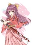  1girl absurdres bow floral_print hair_bow hakama highres holding holding_sword holding_weapon hoshimiya_nazuna japanese_clothes kamikaze_(kantai_collection) kantai_collection kimono long_hair looking_at_viewer meiji_schoolgirl_uniform open_mouth purple_hair sheath sheathed solo sword teeth tsurime violet_eyes weapon wide_sleeves 