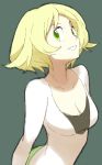  1girl bel_(pokemon) blonde_hair breasts casual cleavage green_eyes pokemon pokemon_(game) pokemon_bw short_hair smile solo souji source_request 