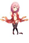  1girl bare_shoulders black_legwear breasts center_opening cleavage commentary_request datew detached_sleeves elbow_gloves fingerless_gloves gloves guilty_crown hair_ornament hairclip highres long_hair looking_at_viewer navel pink_hair red_eyes smile solo twintails yuzuriha_inori 