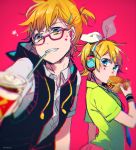  alternate_costume food glasses hair_ornament hair_ribbon hairclip hairpin hamburger headphones headset highres hood hoodie kagamine_len kagamine_rin makoji_(yomogi) ribbon shirt star vocaloid wristband 