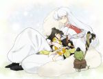  1girl 2boys armor barefoot black_hair carrying closed_eyes facial_mark forehead_mark fur inuyasha jaken japanese_clothes kimono leaning_on_person long_hair multiple_boys petagon pointy_ears rin_(inuyasha) sesshoumaru sleeping sword weapon white_hair 