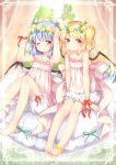  2girls ankle_flower babydoll bare_arms bare_legs bare_shoulders barefoot bat_wings blonde_hair bloomers blue_hair collarbone flandre_scarlet flower flower_wreath hair_flower hair_ornament mimi_(mimi_puru) multiple_girls one_eye_closed red_eyes remilia_scarlet ribbon siblings side_ponytail silver_hair sisters sitting touhou underwear wings wrist_ribbon 