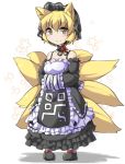  1girl alternate_costume animal_ears bare_shoulders blush breasts choker dress flower fox_ears fox_tail frilled_dress frills fun_bo gothic_lolita hands_in_sleeves hat lolita_fashion mary_janes mob_cap multiple_tails petticoat pigeon-toed rose shoe_flower shoes short_hair smile solo star tail touhou yakumo_ran yellow_eyes 
