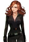  1girl avengers belt beltskirt black_widow bodysuit breasts brown_hair closed_mouth cowboy_shot gloves k@de lips long_hair looking_at_viewer marvel natasha_romanoff serious simple_background solo thigh_gap unzipped vambraces wavy_hair white_background zipper 