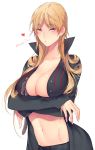  1girl :o bangs black_jacket blonde_hair blush breast_hold breasts eyebrows eyebrows_visible_through_hair eyelashes genderswap genderswap_(mtf) groin heart high_collar izumi_kouhei jacket large_breasts long_hair long_sleeves looking_at_viewer navel open_clothes open_jacket pepper_fever shade solo stomach twitter_username unbuckled_belt uniform upper_body white_background world_trigger yellow_eyes 