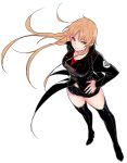  1girl bangs black_boots black_jacket black_legwear black_shorts blonde_hair boots breasts closed_mouth collarbone eyebrows eyebrows_visible_through_hair floating_hair from_above full_body genderswap genderswap_(mtf) hair_between_eyes hands_on_hips izumi_kouhei jacket legs_apart long_hair long_sleeves looking_at_viewer pepper_fever shorts simple_background sketch smile solo standing thigh-highs thigh_boots uniform white_background world_trigger yellow_eyes zettai_ryouiki 