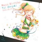  1girl bekkourico blonde_hair breasts candy cleavage closed_eyes halter_top halterneck happy_birthday idolmaster idolmaster_cinderella_girls jewelry lollipop long_hair midriff navel necklace ootsuki_yui open_mouth side_ponytail skirt smile solo 