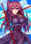  1girl bodysuit breasts covered_navel fate/grand_order fate_(series) gae_bolg highres hinata_kokage large_breasts long_hair looking_at_viewer pauldrons polearm purple_hair red_eyes scathach_(fate/grand_order) smile solo spear weapon 