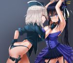  2girls arms_up ass assertive black_gloves black_hair blue_dress blue_eyes blush breasts chin_grab dress dungeon_and_fighter embarrassed femdom from_behind garter_straps gloves hand_on_hip highleg highleg_panties jacket large_breasts lhu_(barappra1) light_smile long_hair looking_at_another looking_to_the_side multiple_girls open_clothes open_jacket panties ponytail profile short_hair silver_hair thigh-highs thighs underwear 