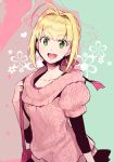  1girl :d ahoge aran_sweater bag blonde_hair casual collarbone fate/extra fate/extra_ccc fate/grand_order fate_(series) green_eyes hair_intakes hair_ribbon handbag koshiro_itsuki open_mouth pink_sweater ribbon saber_extra short_sleeves smile solo sweater turtleneck 
