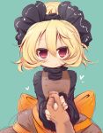  1girl blonde_hair bow brown_dress dress hair_bow holding_hand kurodani_yamame long_sleeves looking_at_viewer muuba pov pov_hands red_eyes shirt smile solo_focus touhou wide_sleeves 
