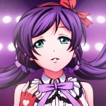 1girl bare_shoulders fingerless_gloves gloves green_eyes highres long_hair love_live!_school_idol_project naoko_(naoko00) parted_lips purple_hair solo toujou_nozomi twintails upper_body 