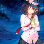  1girl aburidashi_zakuro black_skirt blush bow breasts brown_hair cellphone collarbone hair_bow hat hat_bow large_breasts long_sleeves looking_at_viewer necktie night night_sky orange_hair outdoors phone red_bow red_necktie shirt skirt sky smile solo star_(sky) starry_sky touhou usami_renko white_bow white_shirt 