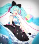  1girl aqua_eyes aqua_hair breasts cube dress frills gloves hakusai_(tiahszld) hatsune_miku headset long_hair looking_at_viewer necktie open_mouth pantyhose skirt sleeveless smile solo sparkle twintails very_long_hair vocaloid white_gloves 