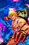  2012 black_eyes blonde_hair blue_skin fantasy felipe_smith fingernails he-man hood looking_at_viewer manly masters_of_the_universe muscle punching scared signature skeletor skull tan 