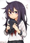  1girl akatsuki_(kantai_collection) commentary_request hat hat_removed headwear_removed holding holding_hat kantai_collection long_hair purple_hair rimukoro school_uniform serafuku solo tears twitter_username violet_eyes wavy_mouth 