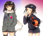  2girls akayan alternate_costume beret bike_shorts black_eyes black_hair black_legwear brown_eyes cowboy_shot gradient gradient_background hair_ornament halftone halftone_background hands_in_pockets hat highres kantai_collection long_sleeves multiple_girls naka_(kantai_collection) neckerchief one_eye_closed open_mouth parka pleated_skirt scarf school_uniform sendai_(kantai_collection) serafuku shirt single_thighhigh skirt smile splatoon thigh-highs thighs twintails 