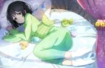 1girl ball bed bell black_hair canopy_bed fubuki_(one-punch_man) green_eyes japanese_clothes long_sleeves looking_at_viewer lying on_side one-punch_man pillow revision sash short_hair solo wide_sleeves younger zzzzxxx2010nian 