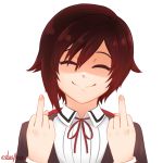  1girl artist_name closed_eyes cslucaris middle_finger redhead ruby_rose rwby school_uniform shaded_face simple_background smile solo white_background 