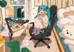  1girl absurdres aqua_eyes aqua_hair bedroom bread bread_slice chair eating food gaming_chair hatsune_miku highres keyboard_(computer) maple_(abc2215) microphone monitor mouse non-web_source pajamas slippers socks stuffed_animal stuffed_toy swivel_chair teddy_bear toast vocaloid 