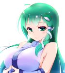  1girl blush breasts detached_sleeves frog_hair_ornament green_eyes green_hair hair_ornament hair_tubes highres kochiya_sanae large_breasts long_hair looking_at_viewer sherumaa_(shellmound) simple_background smile snake_hair_ornament solo touhou white_background 