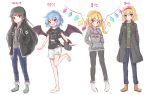  4girls absurdres alice_margatroid bag barefoot bat_wings belt black_hair blonde_hair blue_eyes blue_hair blush casual coat contemporary denim fang flandre_scarlet hairband hands_in_pockets hanen_(borry) highres hood hoodie houraisan_kaguya jacket jeans korean long_hair multiple_girls open_mouth pants red_eyes remilia_scarlet shirt shoes short_hair shorts siblings side_ponytail sisters sketch smile standing_on_one_leg t-shirt touhou wings 