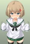  1girl alternate_costume anger_vein angry bangs black_legwear blonde_hair blue_eyes blush girls_und_panzer gradient gradient_background green_background green_skirt katyusha kuragari long_sleeves miniskirt neckerchief open_mouth oversized_object pleated_skirt school_uniform serafuku short_hair skirt sleeves_past_wrists solo sweatdrop thigh-highs white_blouse zettai_ryouiki 