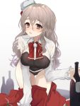  1girl all_fours ascot bottle breasts brown_eyes furumachi_kyuu grey_hair highres kantai_collection large_breasts long_hair panties pola_(kantai_collection) skirt skirt_removed solo underwear wavy_hair 