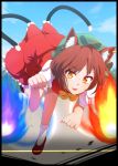  1girl animal_ears blue_sky brown_eyes brown_hair cat_ears cat_tail chen dress fang hat highres mob_cap multiple_tails nekomata open_mouth paw_pose red_dress sky solo tail tenyunkel touhou two_tails 