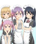  &gt;:&gt; 4girls ahoge akebono_(kantai_collection) alternate_costume apron bandaid bandaid_on_face black_hair blush enmaided flower hair_bobbles hair_flower hair_ornament kantai_collection light_brown_hair looking_at_viewer maid maid_headdress multiple_girls nedia_r oboro_(kantai_collection) open_mouth pink_hair puffy_short_sleeves puffy_sleeves purple_hair sazanami_(kantai_collection) short_hair short_sleeves side_ponytail twintails ushio_(kantai_collection) waist_apron white_background 