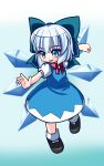  1girl akabashi_yuusuke blue_eyes blue_hair bow cirno hair_bow highres ice ice_wings open_hand solo touhou wings 