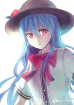  1girl backlighting black_hat bloom blue_hair bow bowtie buttons commentary_request culter dress_shirt food frills fruit hat hinanawi_tenshi leaf long_hair looking_at_viewer parted_lips peach puffy_short_sleeves puffy_sleeves red_bow red_bowtie red_eyes shirt short_sleeves solo touhou twitter_username upper_body white_blouse wing_collar 