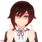  1girl artist_name cslucaris frown grey_eyes middle_finger redhead ruby_rose rwby school_uniform shaded_face simple_background solo white_background 