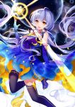  1girl :d bison_cangshu black_legwear blue_hair blush constellation dress elbow_gloves fingerless_gloves gloves hair_ribbon lens_flare long_hair low_twintails open_mouth planet ribbon sidelocks smile solo star thigh-highs twintails very_long_hair vocaloid xingchen yellow_eyes 