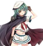  1girl arm_at_side arm_up black_cape blush brown_gloves cape cowboy_shot eyepatch flat_cap gloves green_eyes green_hair hat kantai_collection kiso_(kantai_collection) looking_at_viewer masakazu_(coccinellee) midriff navel neckerchief pleated_skirt remodel_(kantai_collection) school_uniform serafuku shirt short_sleeves skirt smile solo standing stomach white_cape white_shirt white_skirt 