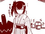  ancient_destroyer_oni cannon commentary_request drill_hair drum fairy_(kantai_collection) instrument japanese_clothes kantai_collection kimono monochrome sako_(bosscoffee) shinkaisei-kan short_hair sketch sweatdrop translated wide_sleeves 