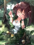  1girl ^_^ assault_rifle blush boots breasts brown_hair camouflage canned_food closed_eyes dog_tags eating ebina_nana forest grass gun hand_on_own_cheek highres himouto!_umaru-chan howa_type_89 japan_ground_self-defense_force knee_pads large_breasts long_hair meso-meso military military_uniform nature open_mouth outdoors pants ration rifle shirt sitting smile solo tree tree_stump twintails uniform watch watch wavy_mouth weapon woodland_pattern 