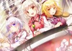  3girls :d blonde_hair blue_eyes bow_(instrument) brown_eyes dutch_angle frilled_skirt frills hat instrument keyboard_(instrument) lavender_hair light_brown_hair light_particles long_sleeves looking_at_viewer lunasa_prismriver lyrica_prismriver merlin_prismriver multiple_girls musical_note open_mouth parted_lips semiquaver shiyun short_hair siblings sisters skirt skirt_set smile staff_(music) touhou treble_clef trumpet violin yellow_eyes 