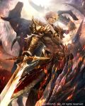 1boy armor dragon dragon&#039;s_shadow fire flame foreshortening full_armor fur_trim gauntlets greaves grey_eyes holding holding_sword holding_weapon horse kei1115 looking_at_viewer muscle official_art outdoors red_eyes rock shoulder_armor silver_hair slashing standing sword unsheathed weapon 